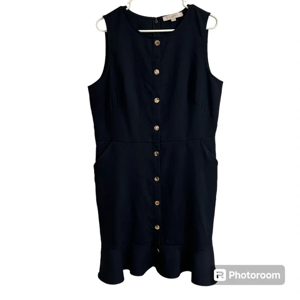 Loft Womens 14 Navy Blue Gold Button Front Zip Back Sleeveless Ruffle Hem Dress - Picture 2 of 10